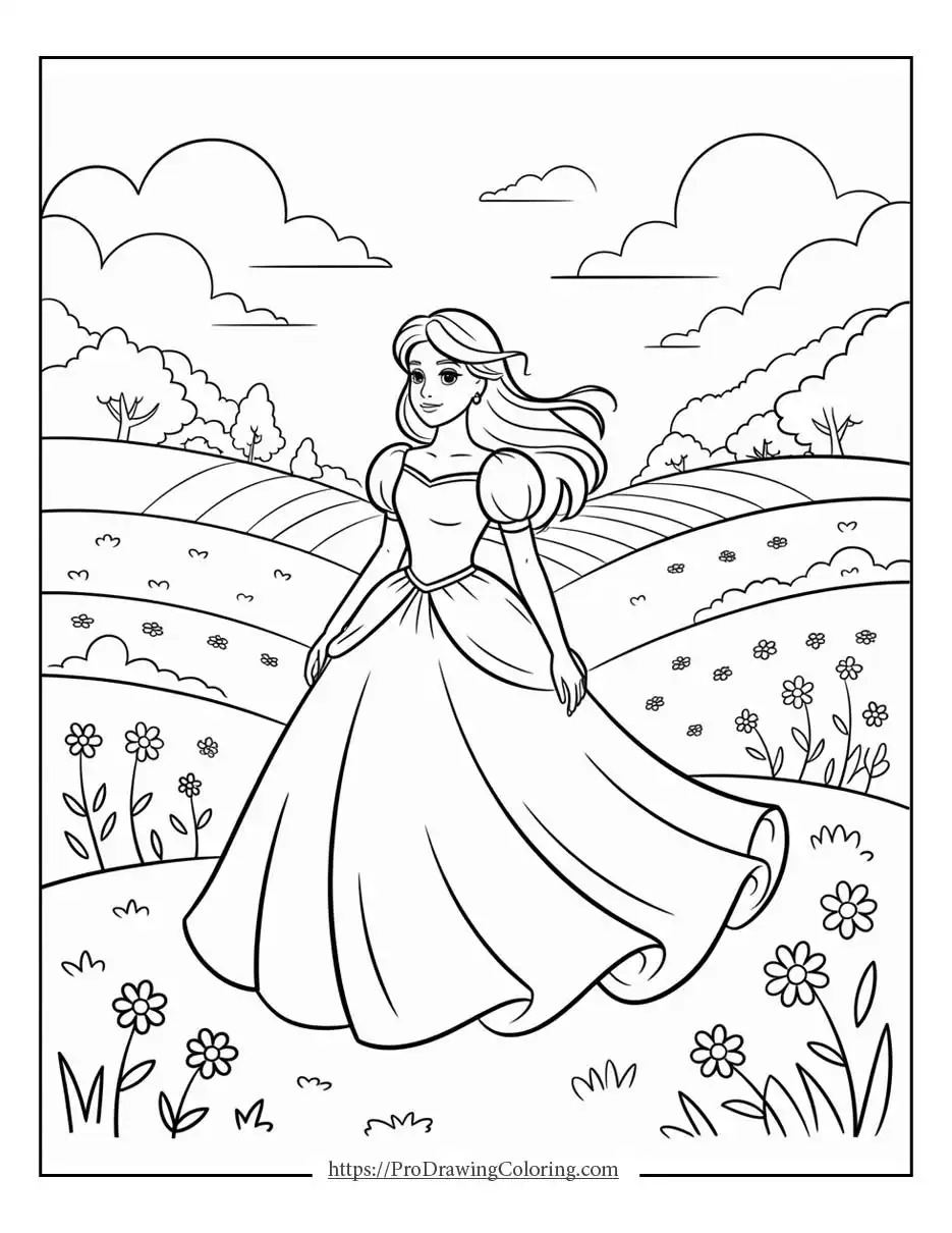 princess standing in a peaceful landscape, printable sheet suitable for kids and adults