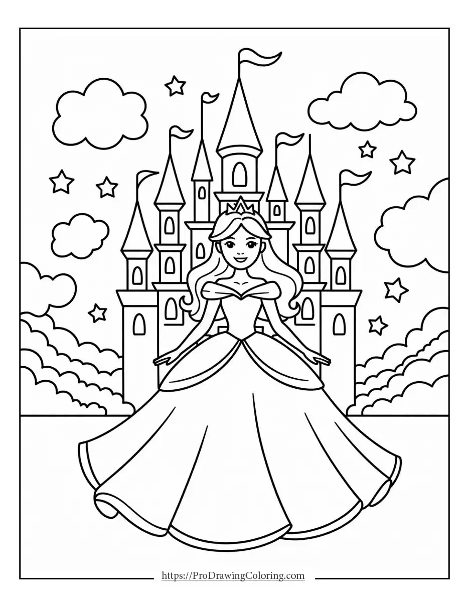 a princess standing in front of a large magical castle