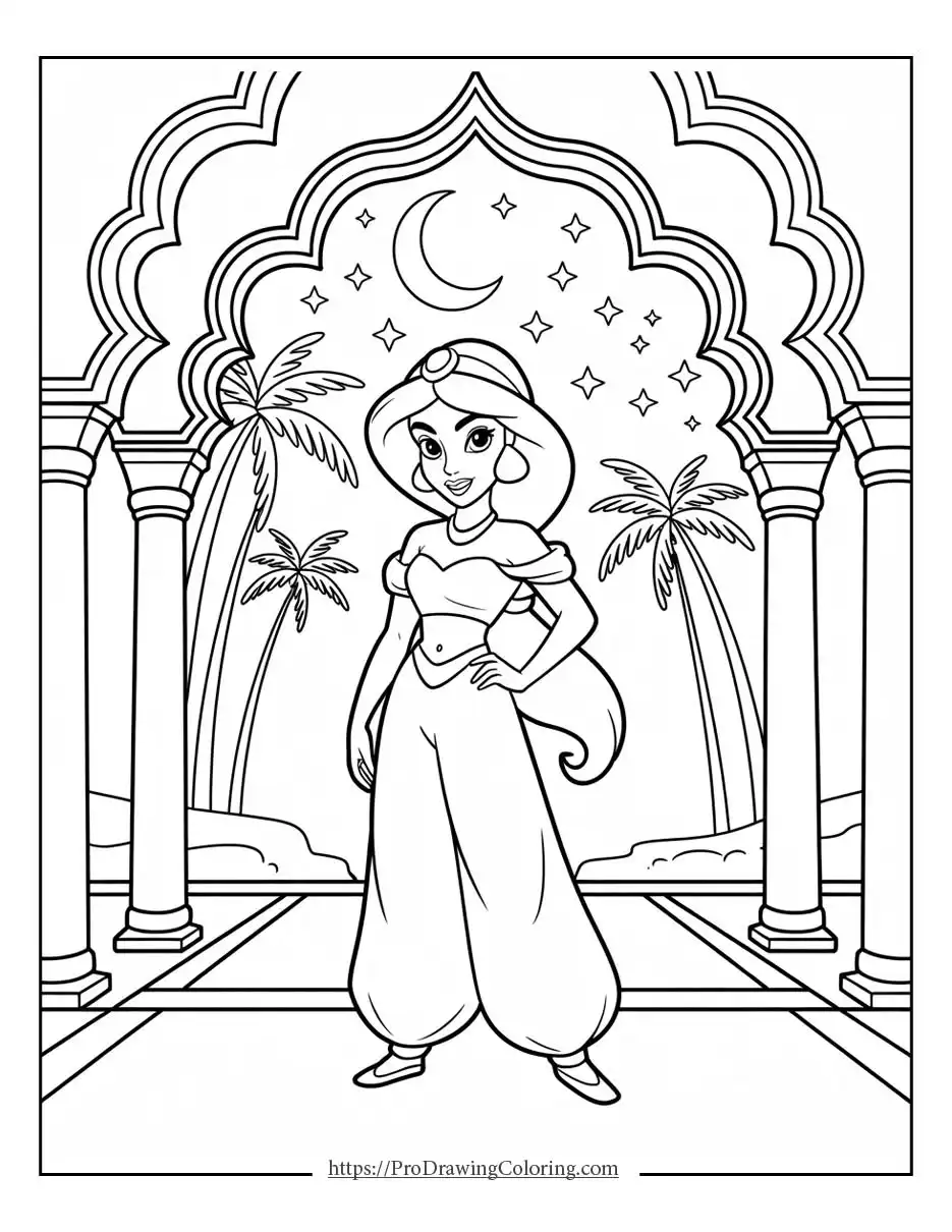 Princess Jasmine coloring page with castle background, printable coloring sheet for girls and adults, easy to print