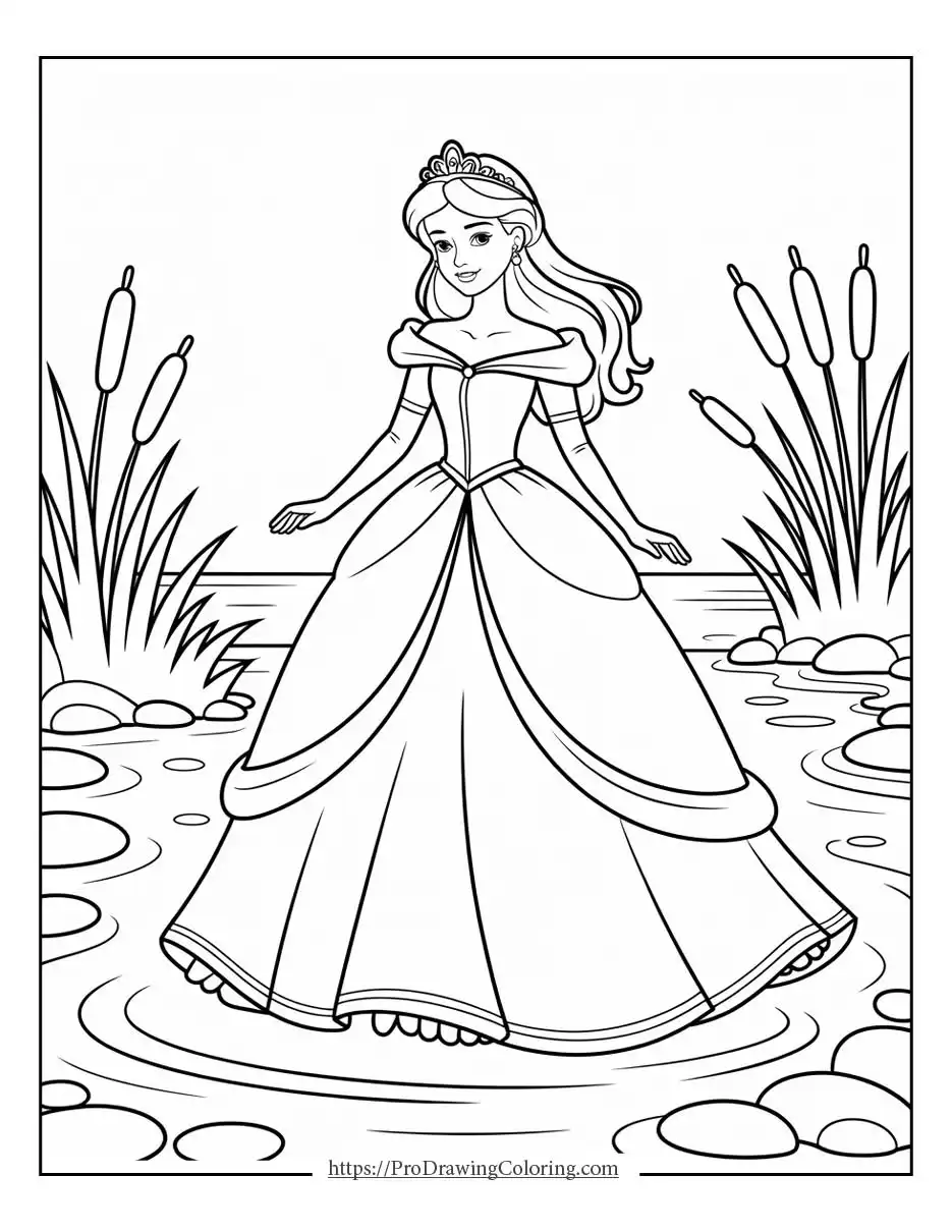 princess standing in shallow water near reeds, printable sheet to print for kids and adults