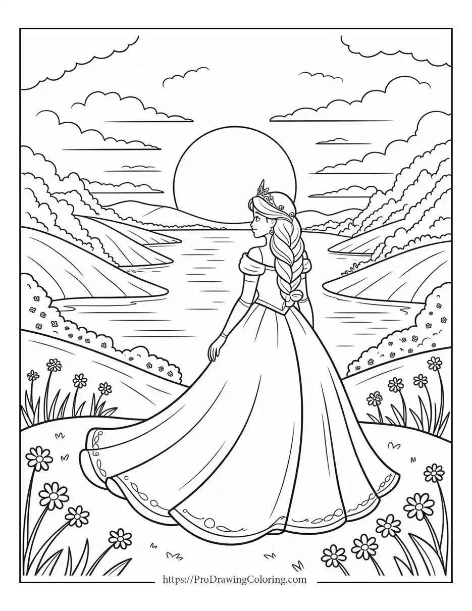 a princess standing by a lake and looking at the sunset