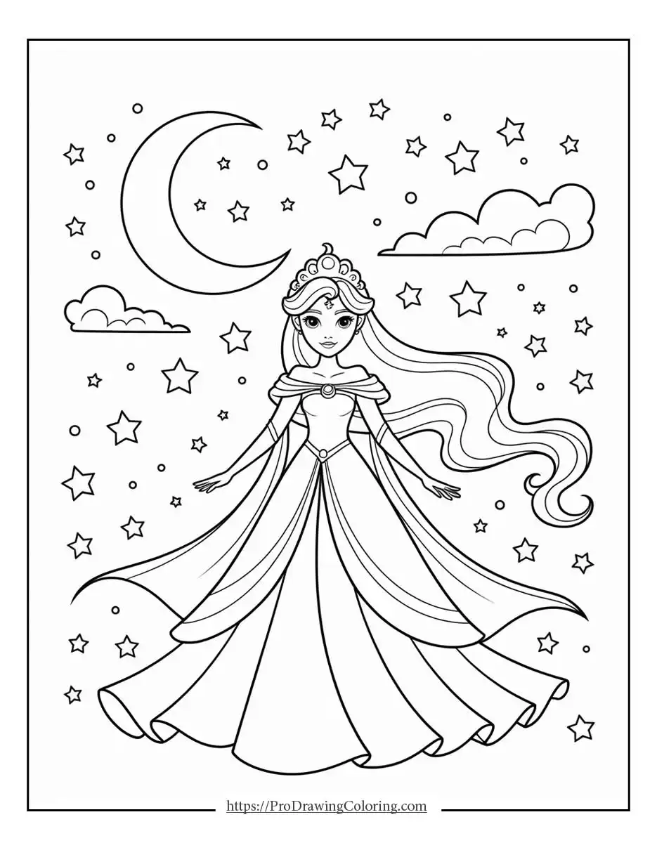 Princess Luna coloring page by a pond with blossoms, printable coloring sheet for adults and kids, easy to print