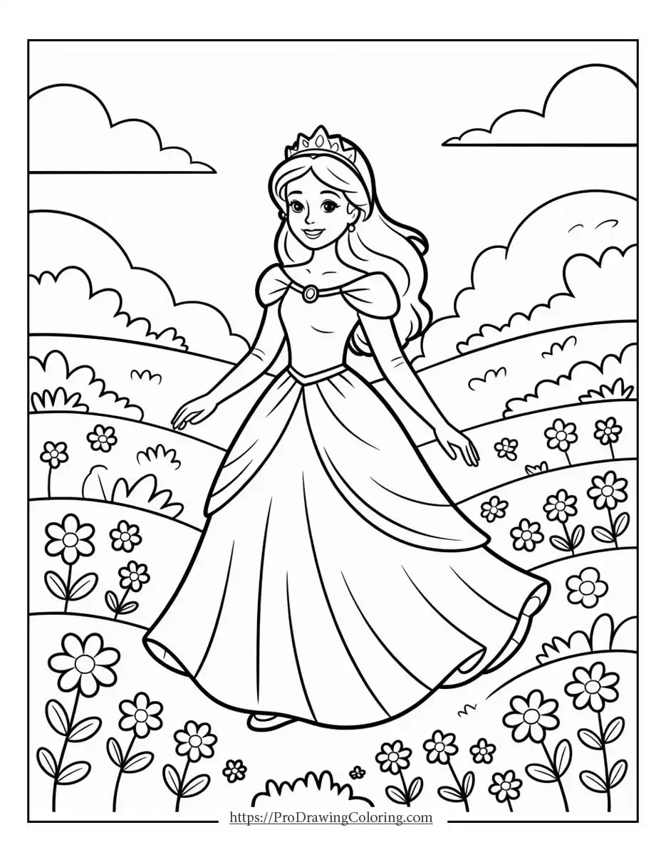 Princess Mary coloring sheet in a garden walkway, free printable coloring for kids and girls, to print