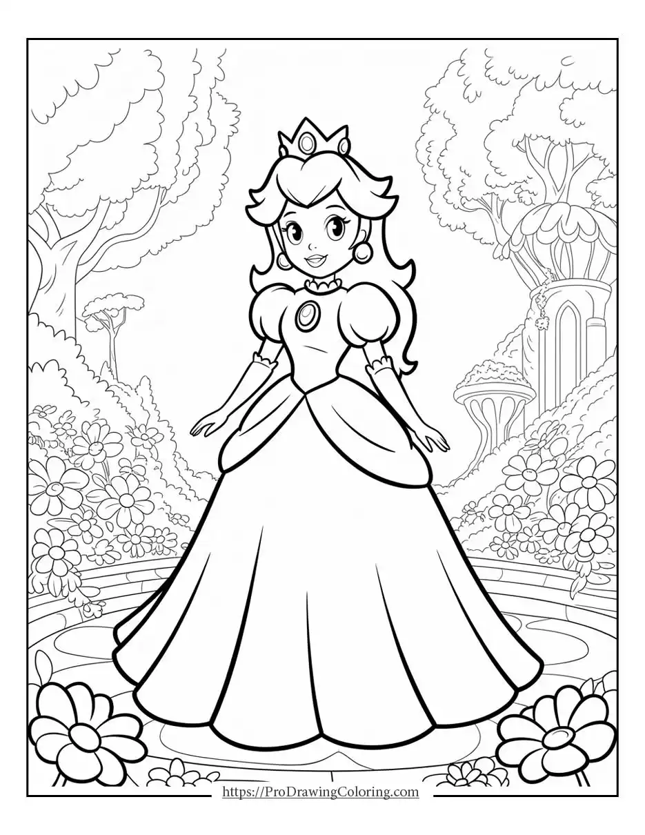 Princess Peach coloring page with castle at night, free printable coloring sheet for kids and girls, easy to print