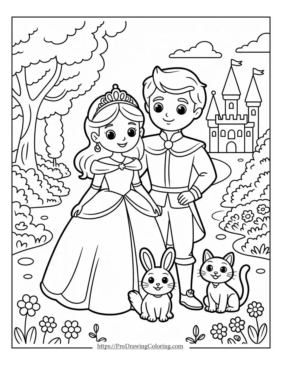 princess and prince in a garden with a bunny and cat, free printable sheet for kids