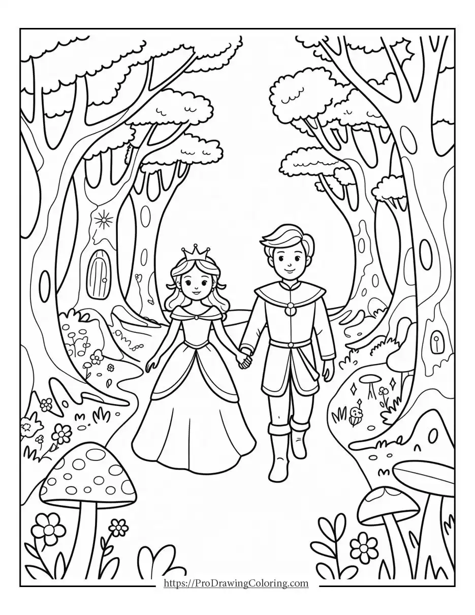 princess and prince walking through a forest, printable sheet to print for kids