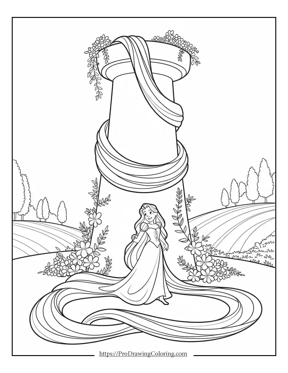 Princess Rapunzel coloring sheet with tower and long hair, free printable coloring for kids and adults, to print