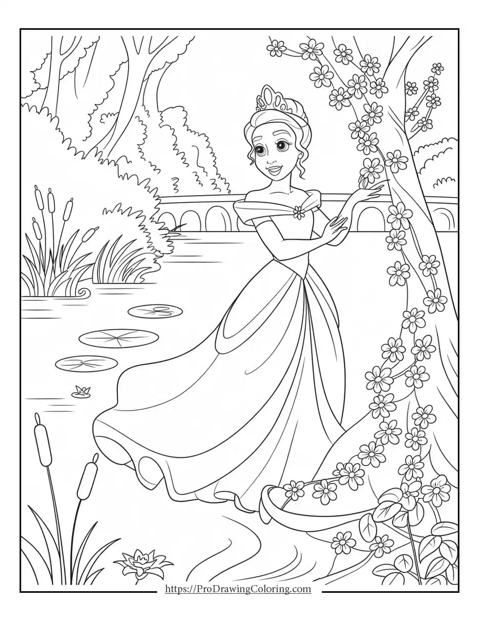 Princess Tiana coloring page under the moon and stars, free printable coloring for kids and adults, to print