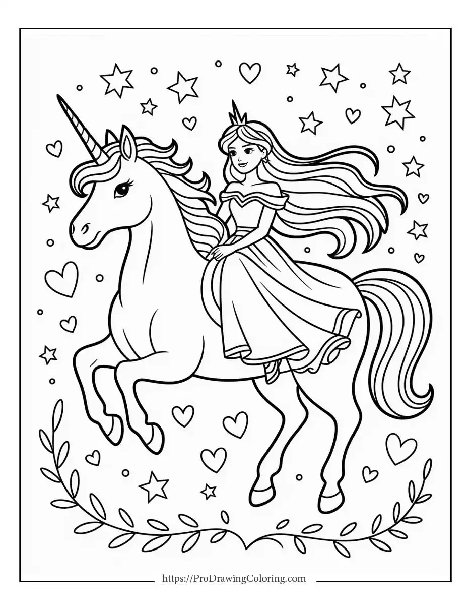 princess coloring page showing a princess riding a unicorn in a magical fantasy scene