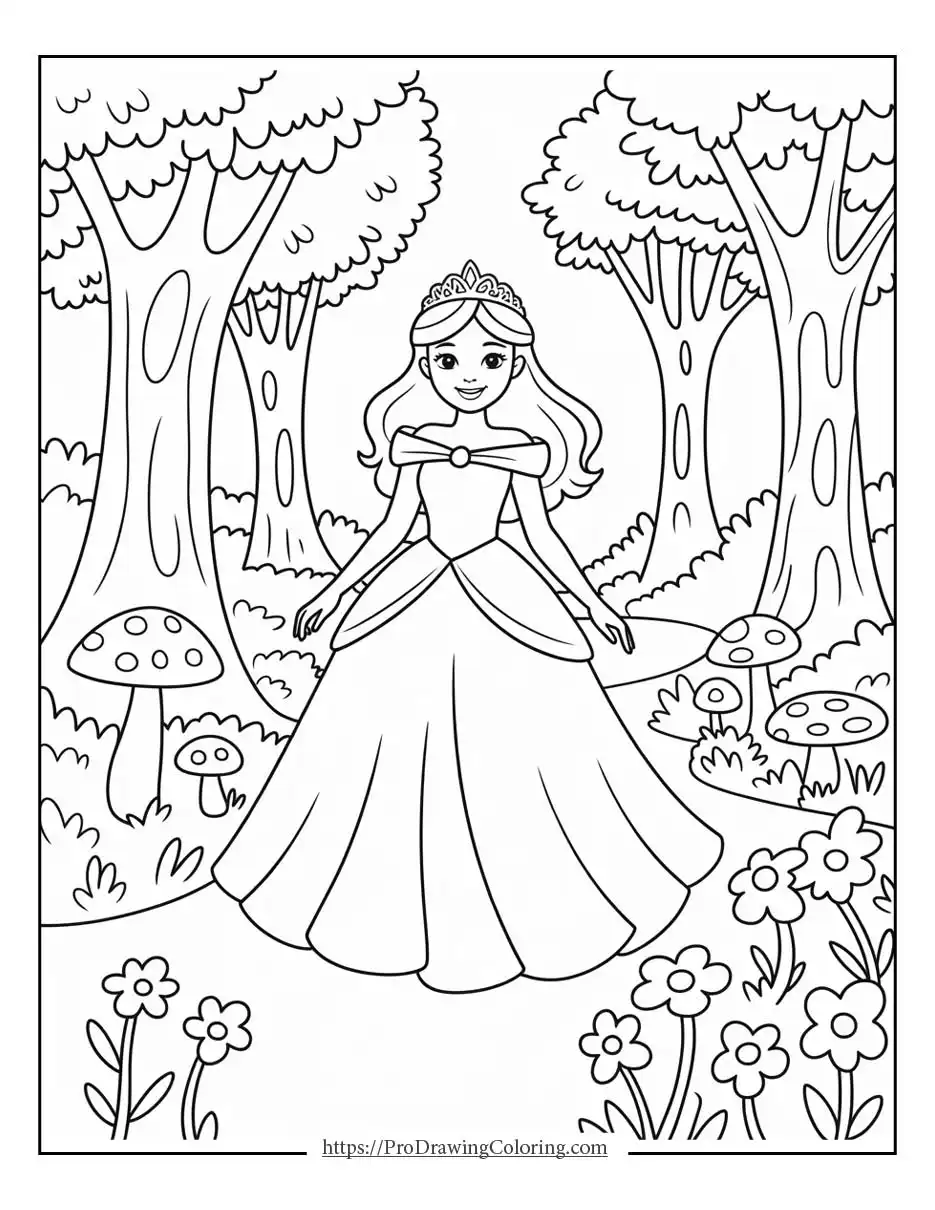 a princess walking through a forest with trees and mushrooms