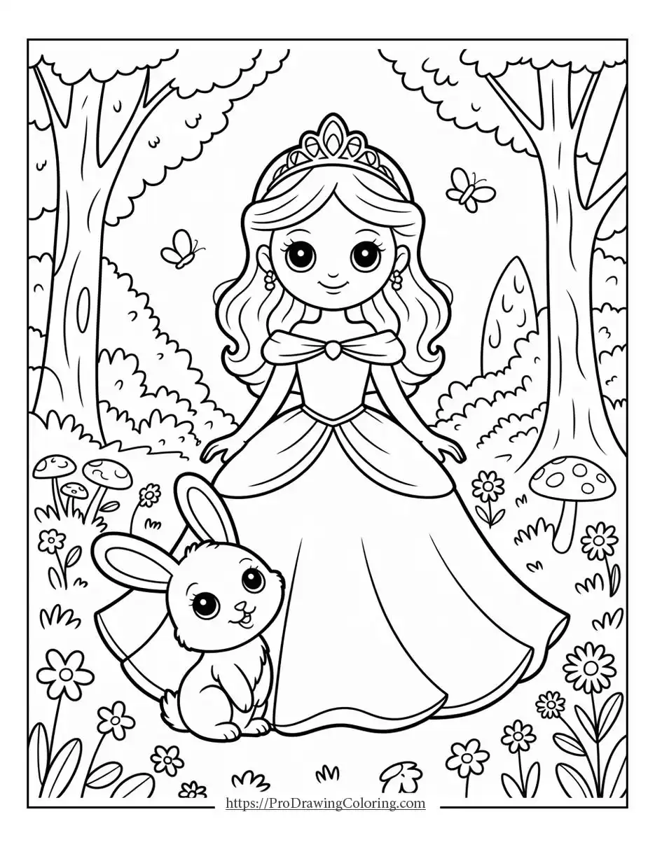 a princess standing in a forest with a cute bunny