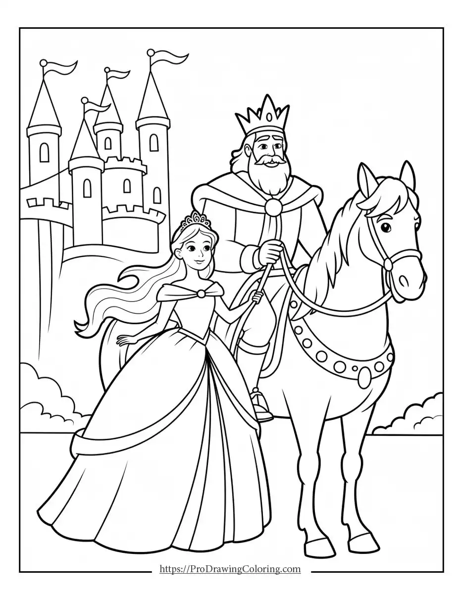 princess coloring page showing a princess with her king and a horse near a castle
