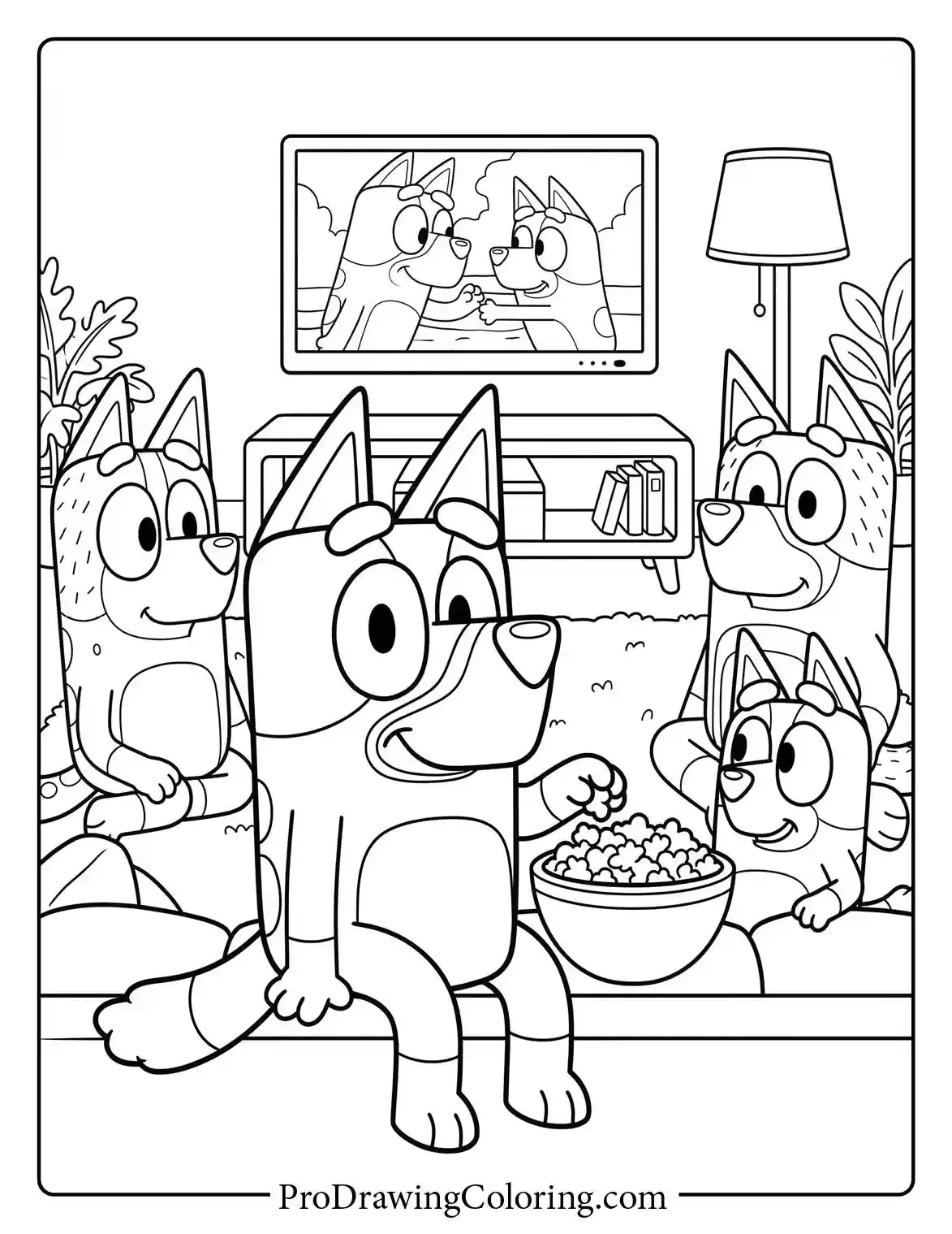 Free drawing of the Heeler family movie night in these printable bluey family colouring pages.