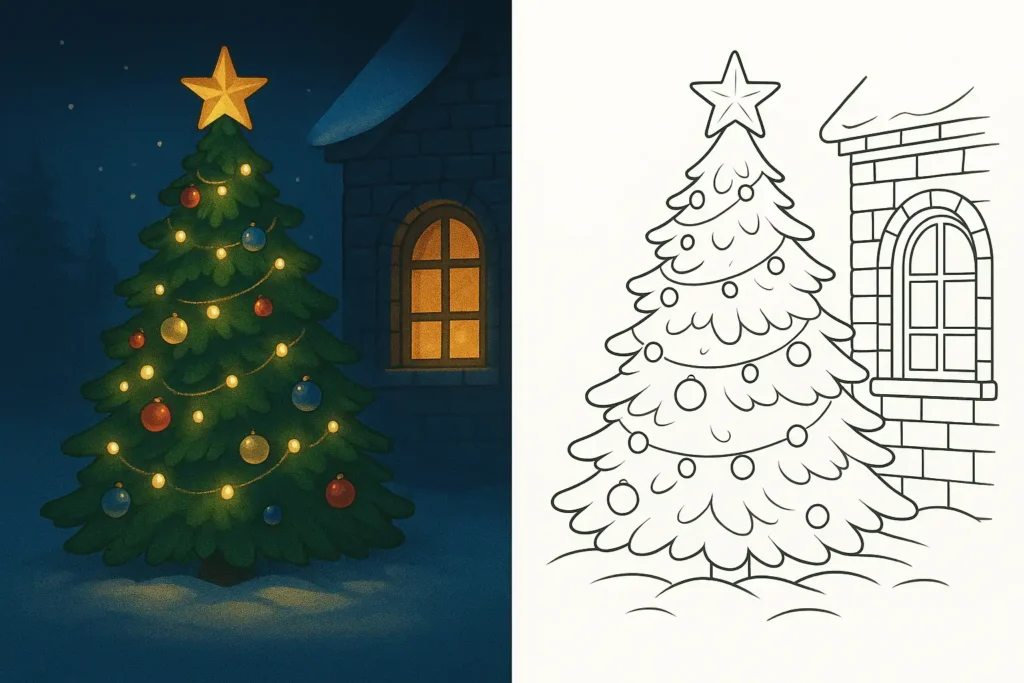 Christmas tree coloring page showing a decorated tree beside a cozy snowy house at night, with glowing lights and a warm window