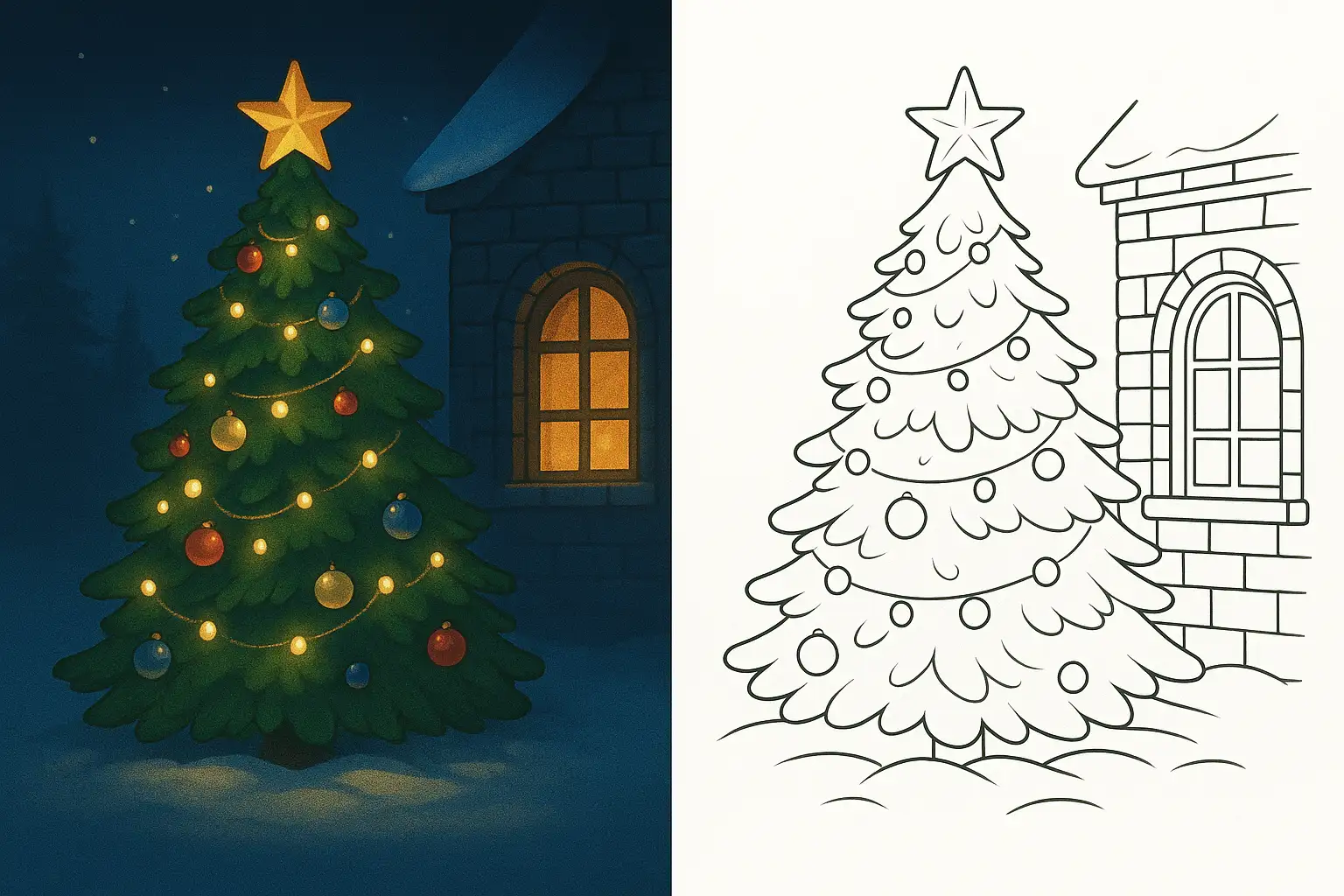 Christmas tree coloring page showing a decorated tree beside a cozy snowy house at night, with glowing lights and a warm window