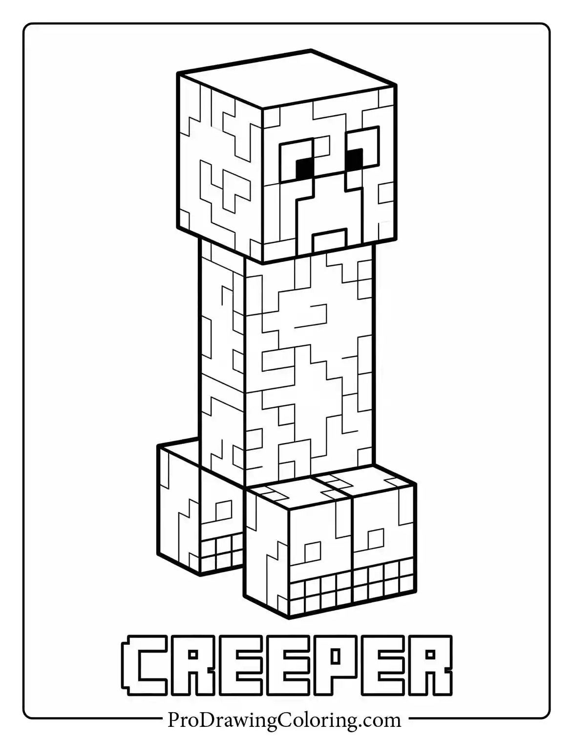 Printable coloring page featuring a simple standing Minecraft Creeper with its name written in blocky letters for easy coloring.