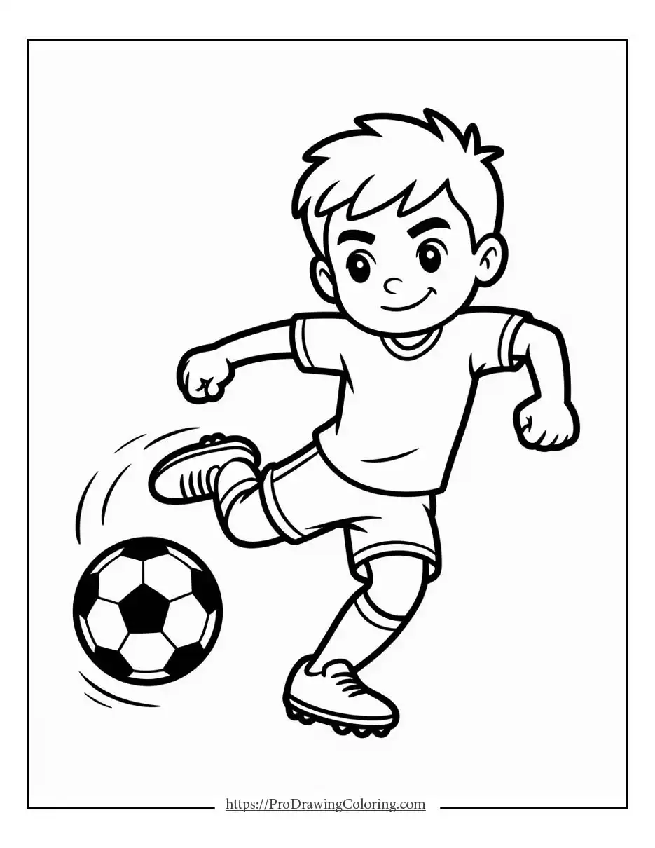 Printable soccer coloring pages showing a soccer player kicking the ball on the field