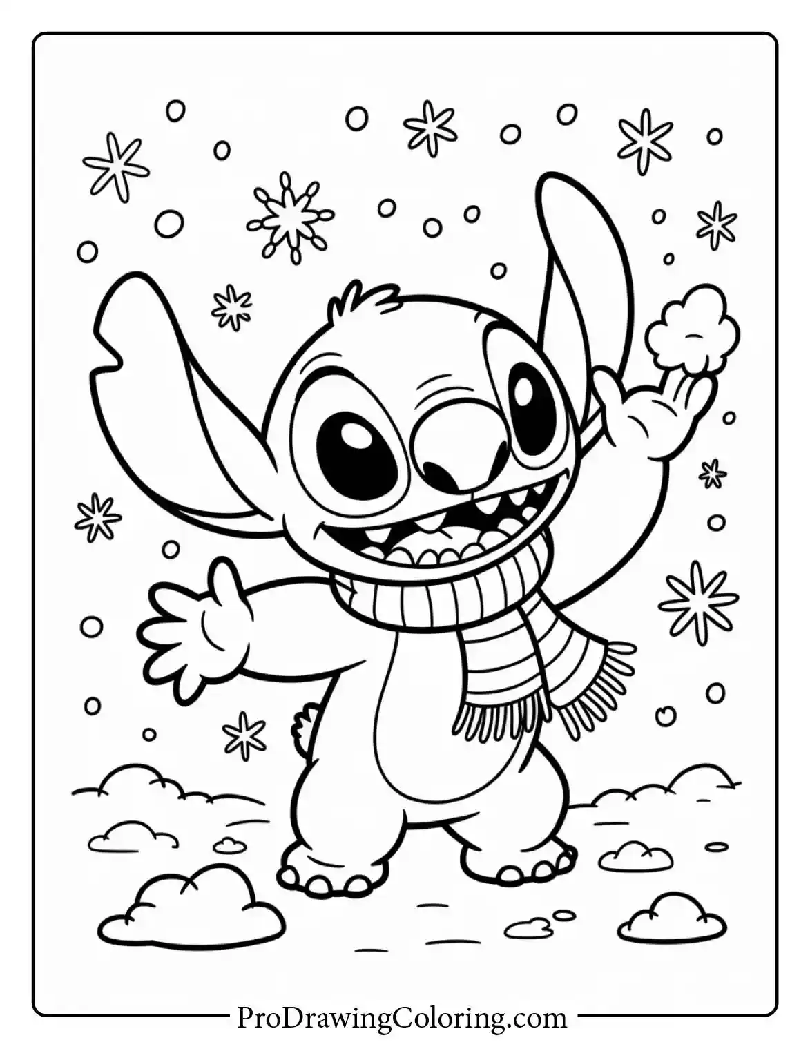 Free printable stitch coloring pages showing an easy drawing of Stitch in a winter scarf with snowflakes.