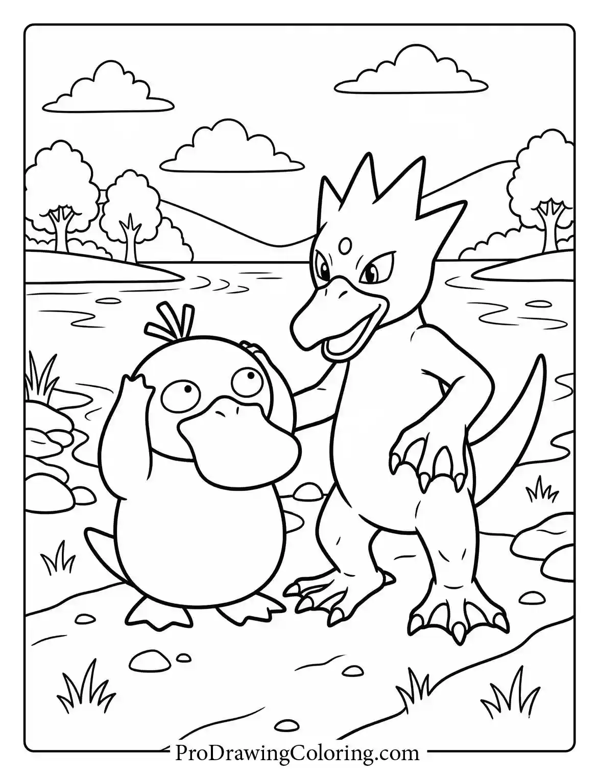 Psyduck holds its head in confusion while standing next to a taller Golduck near a quiet river water and green grassy bank, an adorable Pokemon coloring sheet.