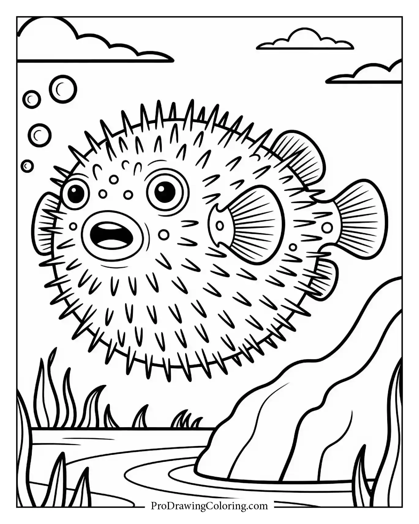Funny pufferfish puffed up near rock, easy fish coloring page for kids.