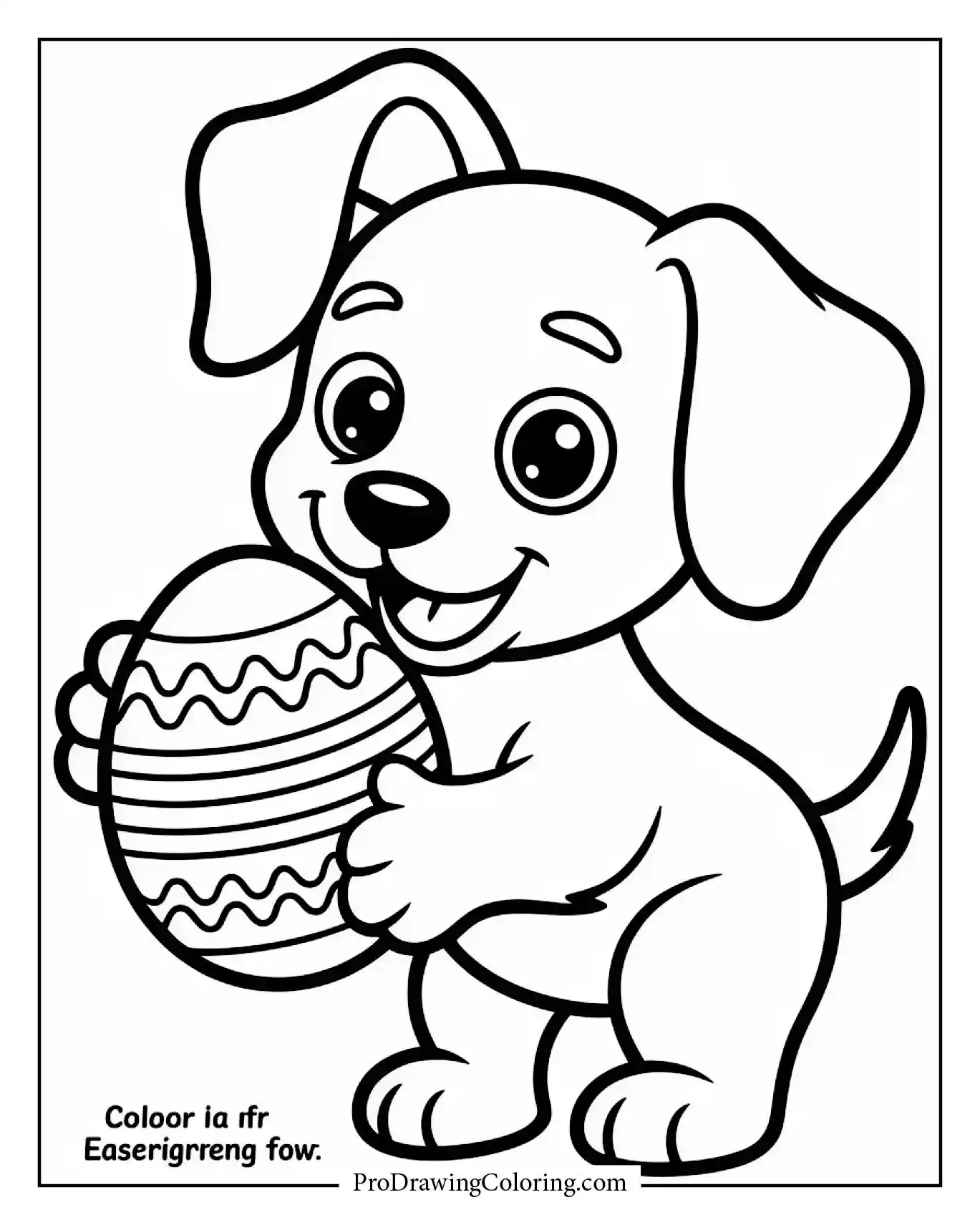 A puppy holding an Easter egg painted with rainbow colors, smiling happily.