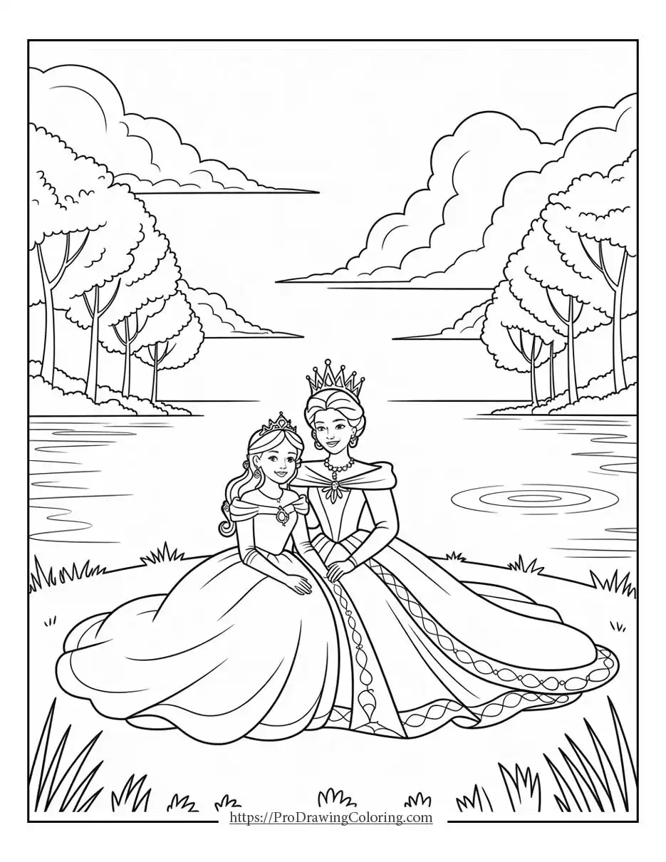 queen sitting with her daughter near a lake, printable activity sheet for kids