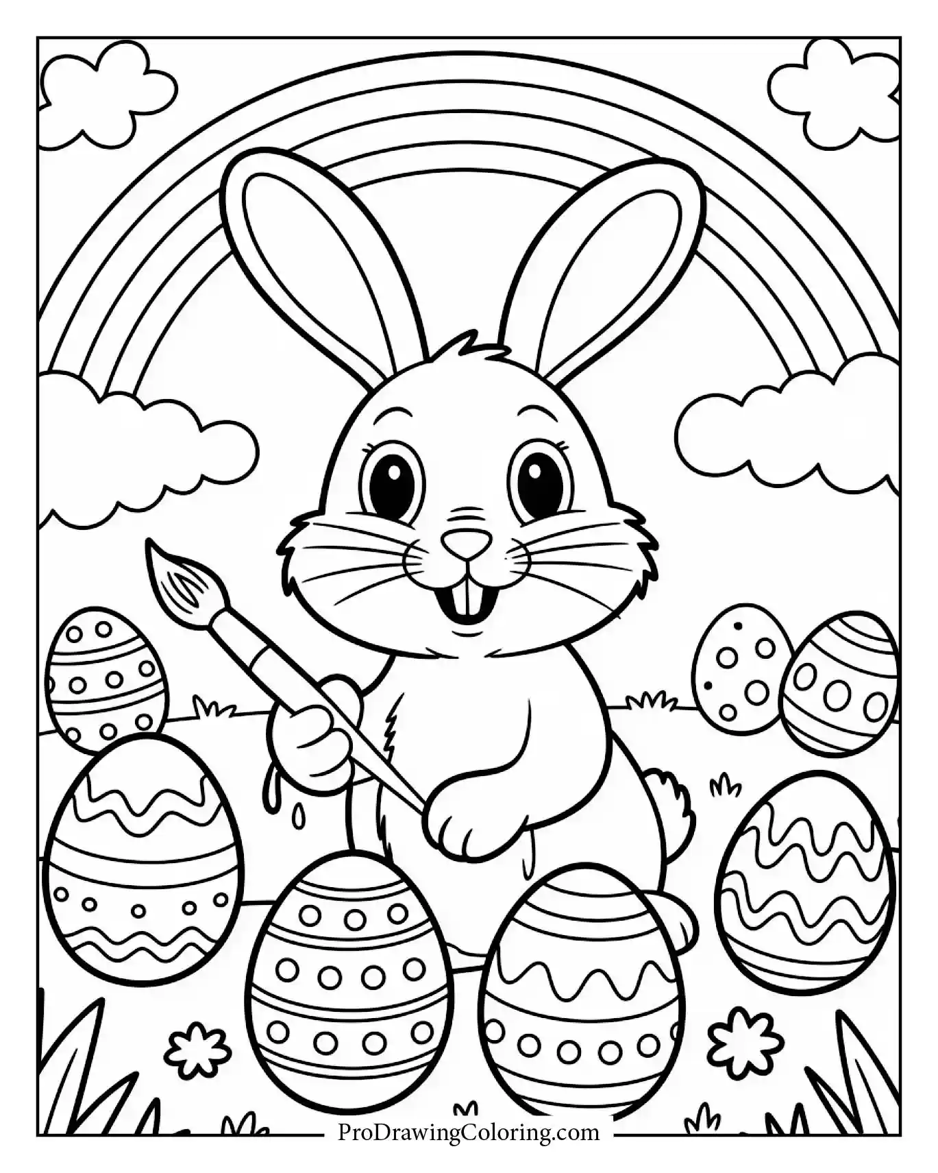 A rabbit painting Easter eggs outside under a rainbow sky filled with clouds