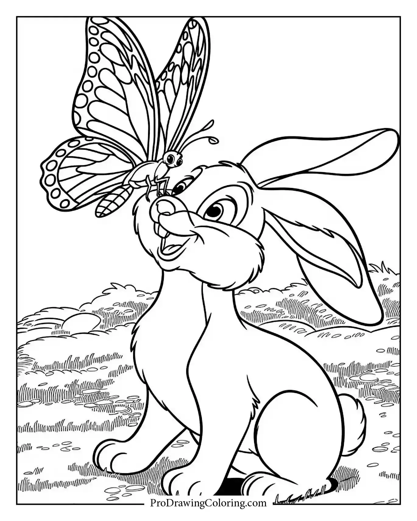 Rabbit smiling with butterfly on its nose in outdoor grassy setting.