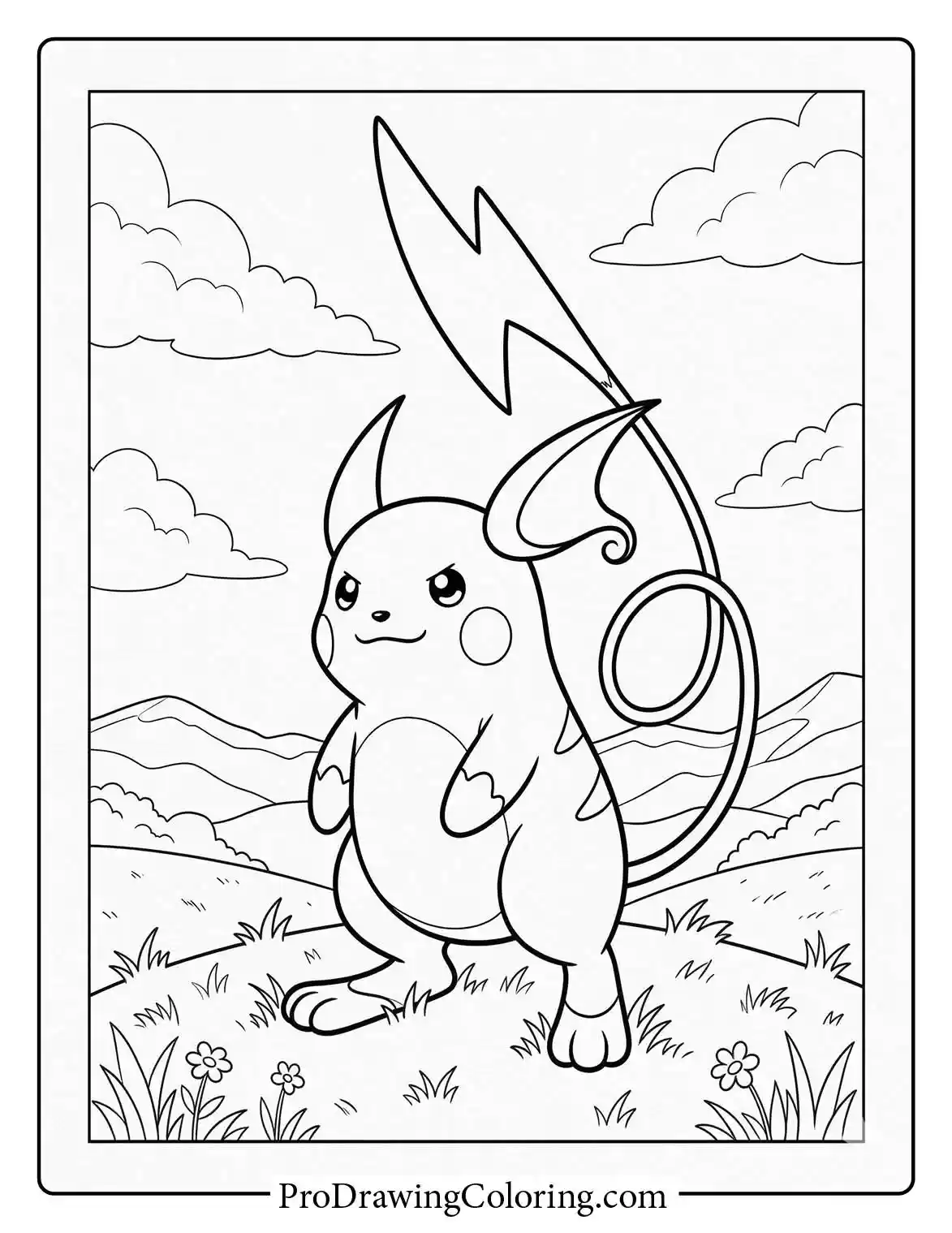 Raichu stands on a grassy hill, holding its long, lightning-bolt-shaped tail with a friendly and confident expression on its face, an adorable Pokemon coloring sheet.