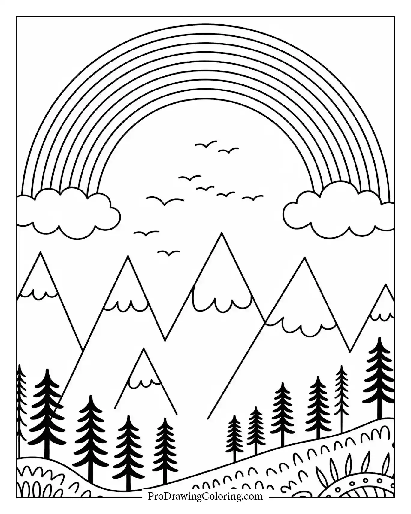 A rainbow stretching over mountain peaks with birds soaring high in the sky to print