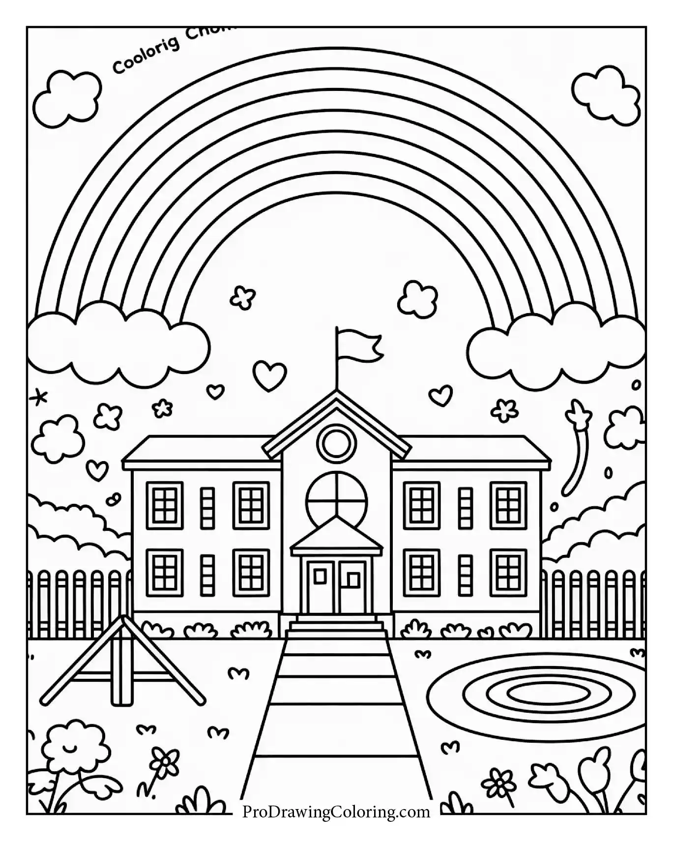 A joyful rainbow shining above a school playground with swings and slides coloring page