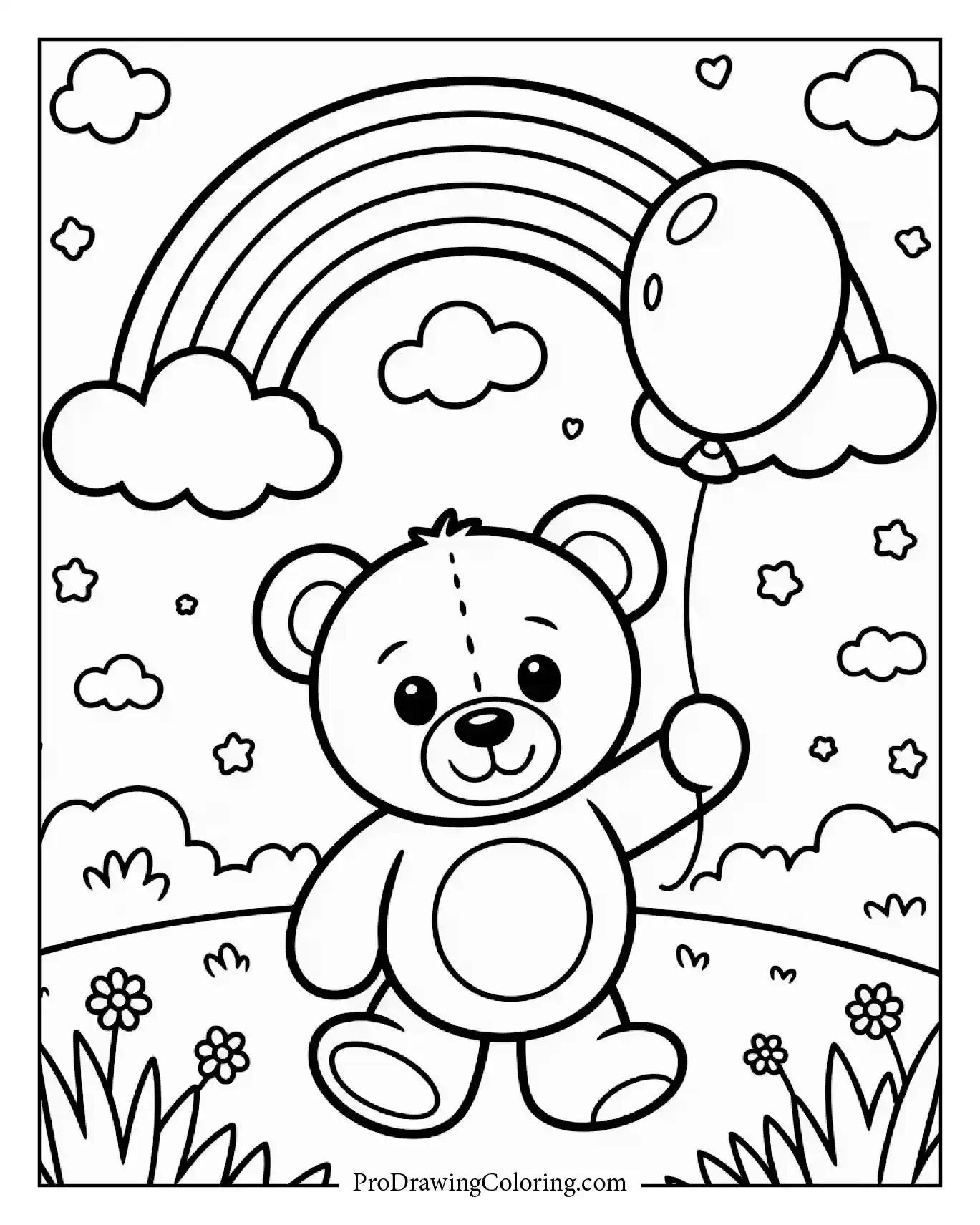 A teddy bear holding a balloon under a soft rainbow with hearts and butterflies, a sweet design for kids