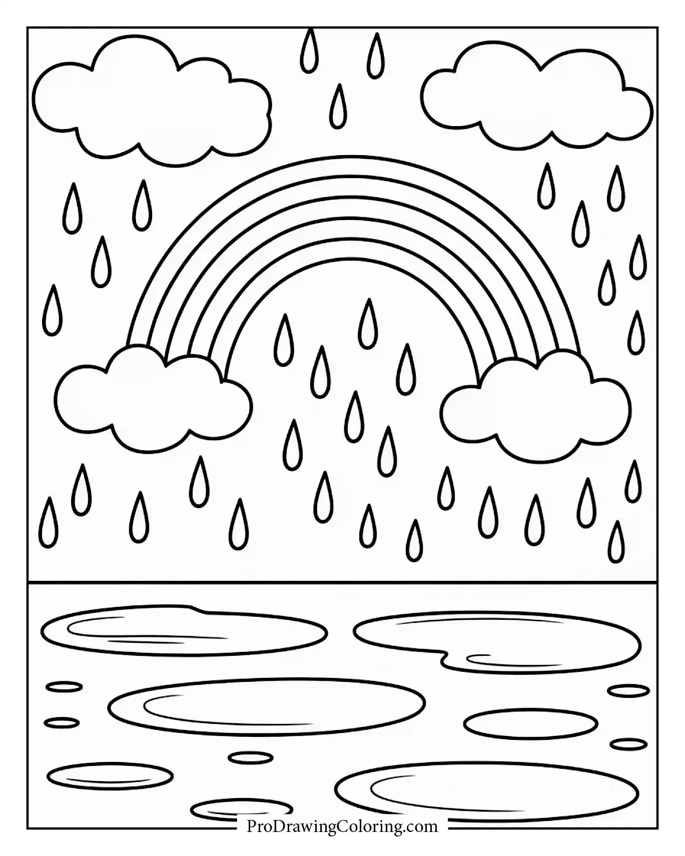 A fresh rainbow appearing in the sky after rain, reflecting in little puddles — a relaxing scene to color