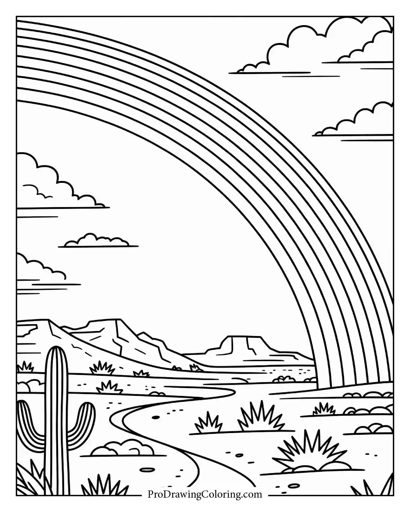 A wide rainbow curving across a desert sky after a passing storm, ready to color printable sheet