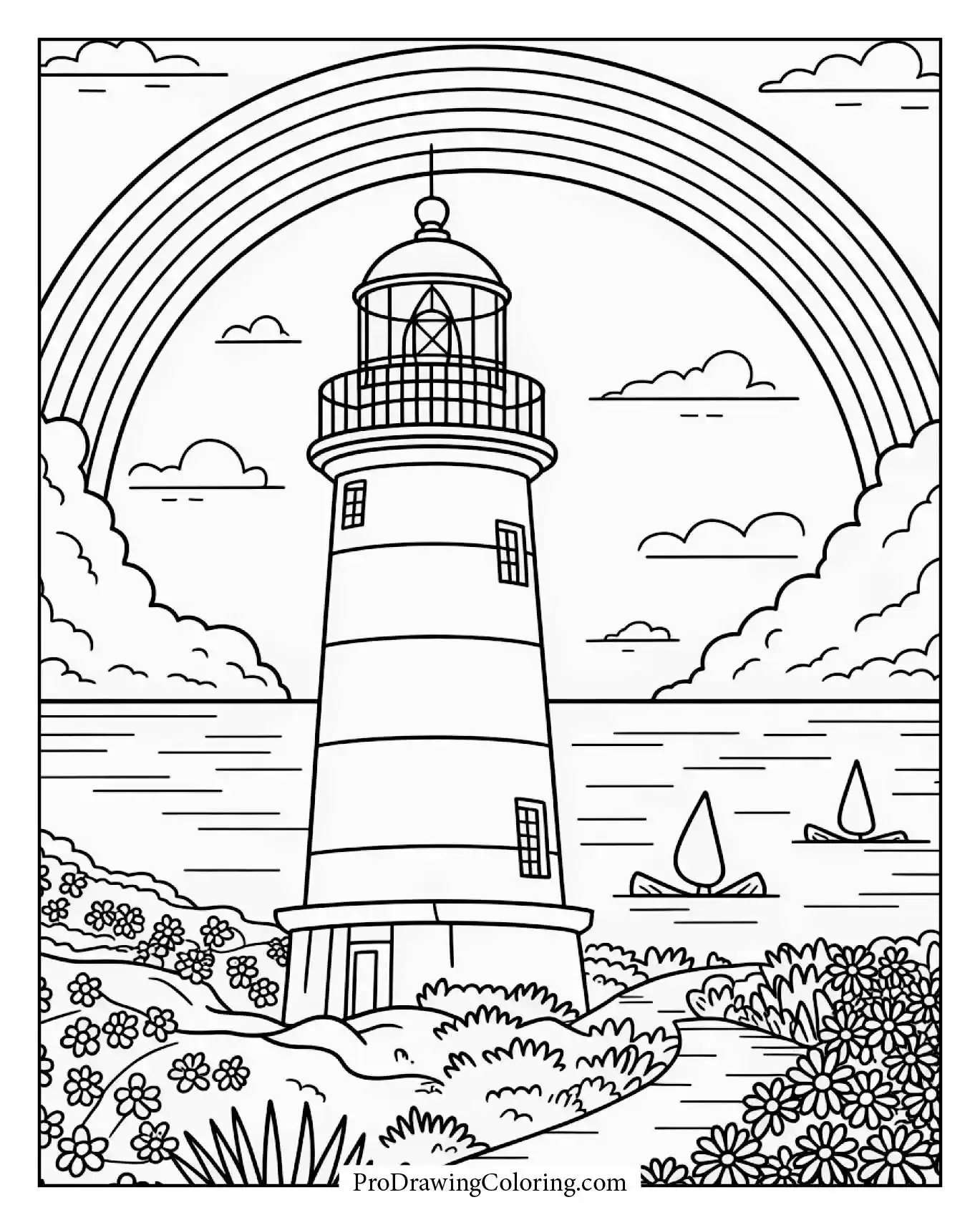 A vivid rainbow forming behind a lighthouse near the ocean, a stunning coloring sheet for calm moments