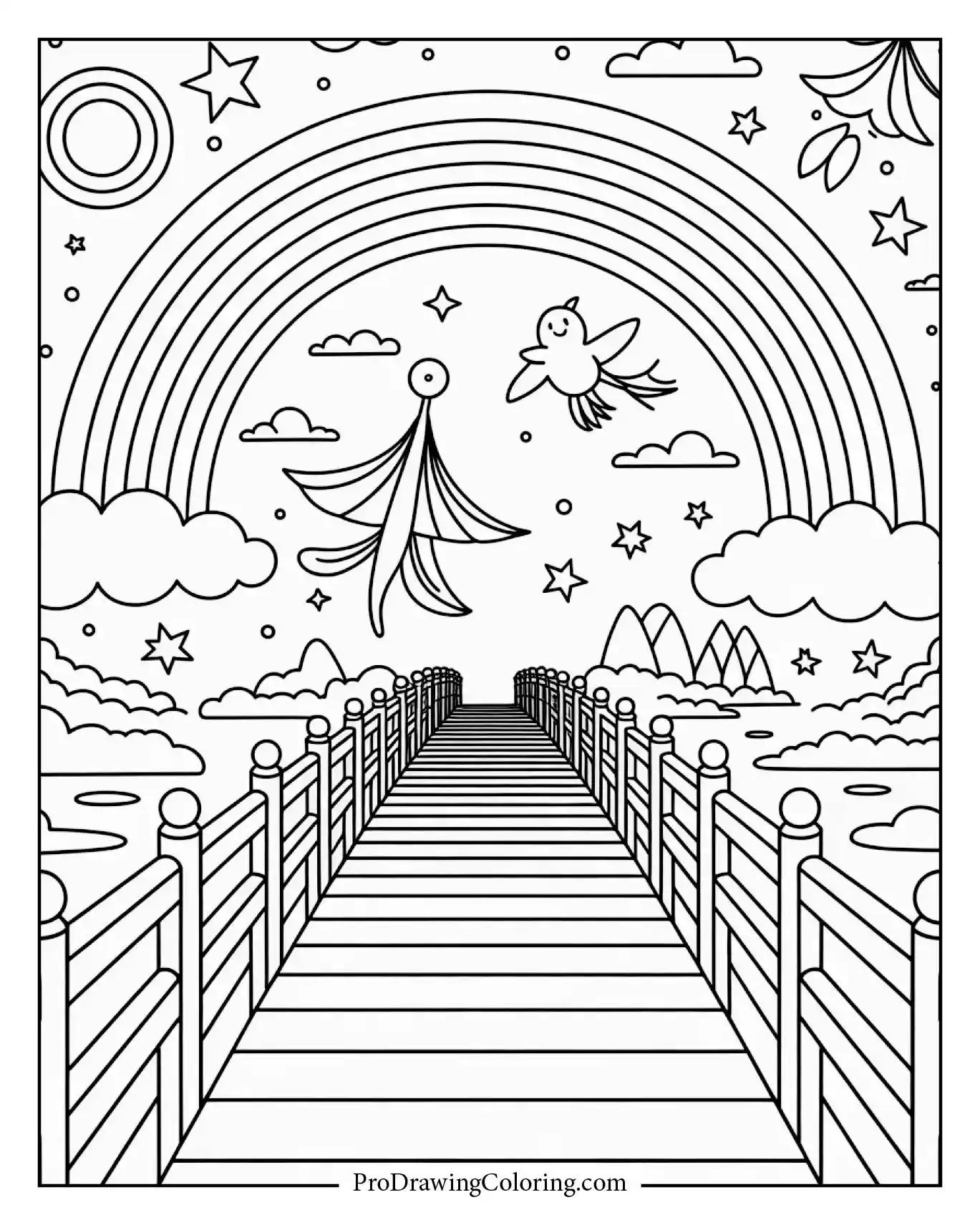 A majestic rainbow bridge leading into a fantasy world, a joyful coloring sheet for everyone