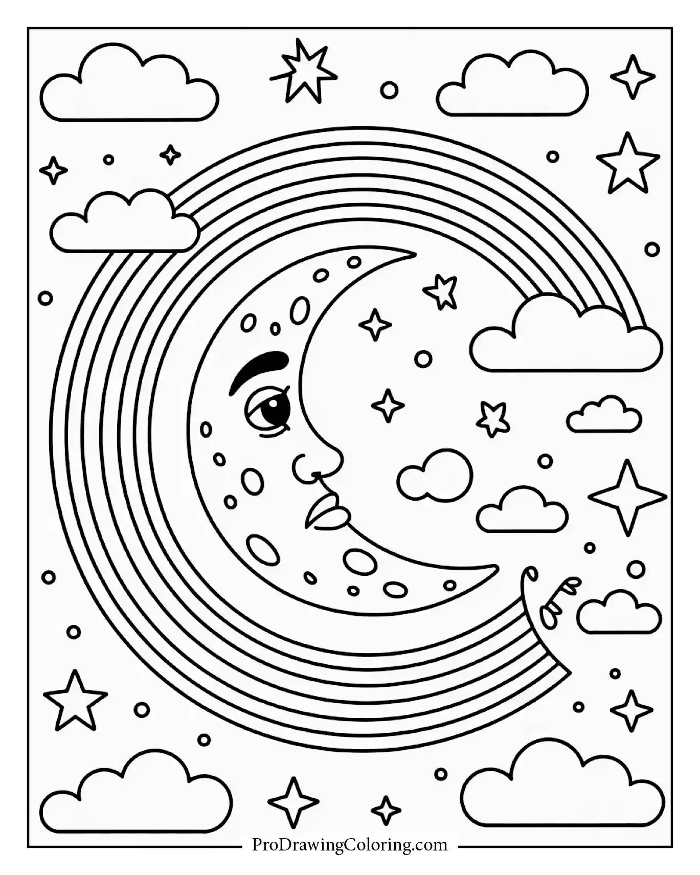 A rare circular rainbow surrounding a glowing moon in a peaceful night sky printable