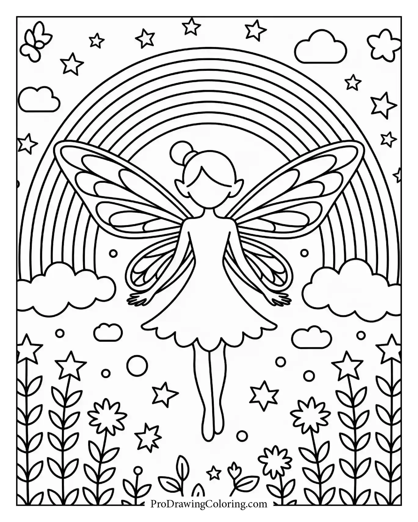 A glowing rainbow shining behind a fairy silhouette spreading sparkles, a magical coloring page for kids and adults
