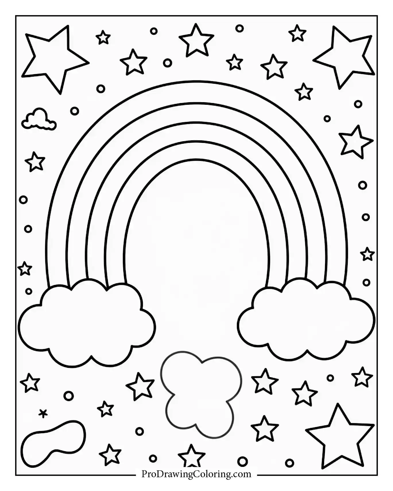 A dreamy rainbow stretching across a starry galaxy sky filled with constellations — a relaxing printable to color