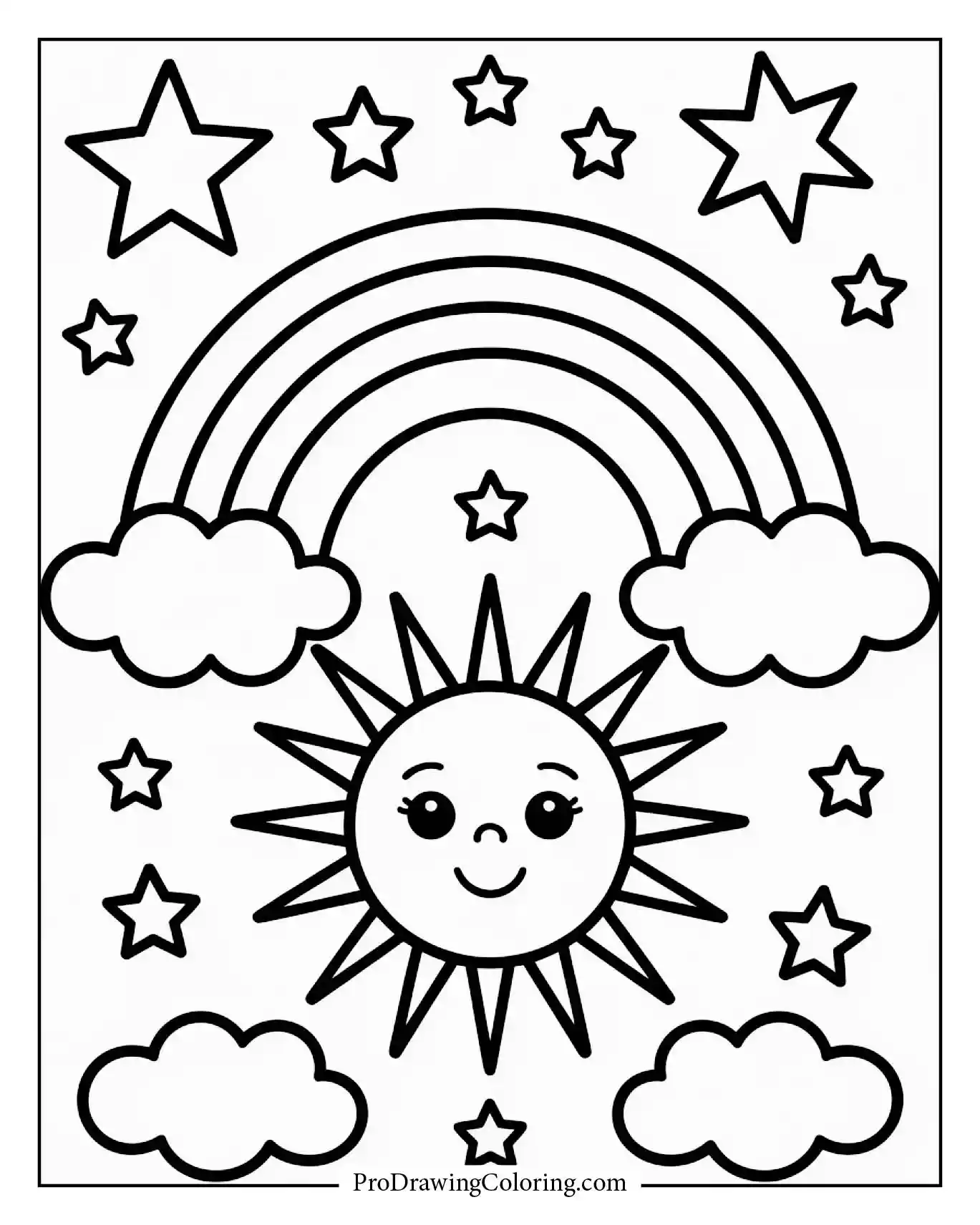 A bright rainbow arching above a cheerful sun and twinkling stars in the sky