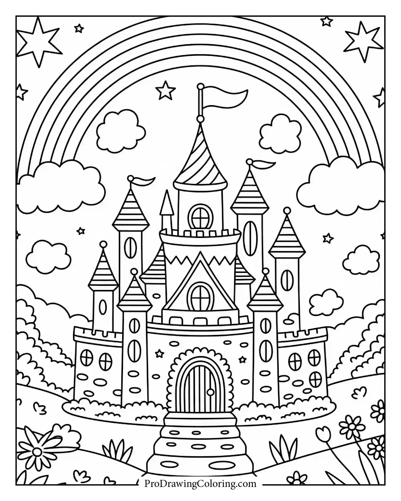 A magical rainbow arching above a fairy tale castle surrounded by rolling hills printable coloring page