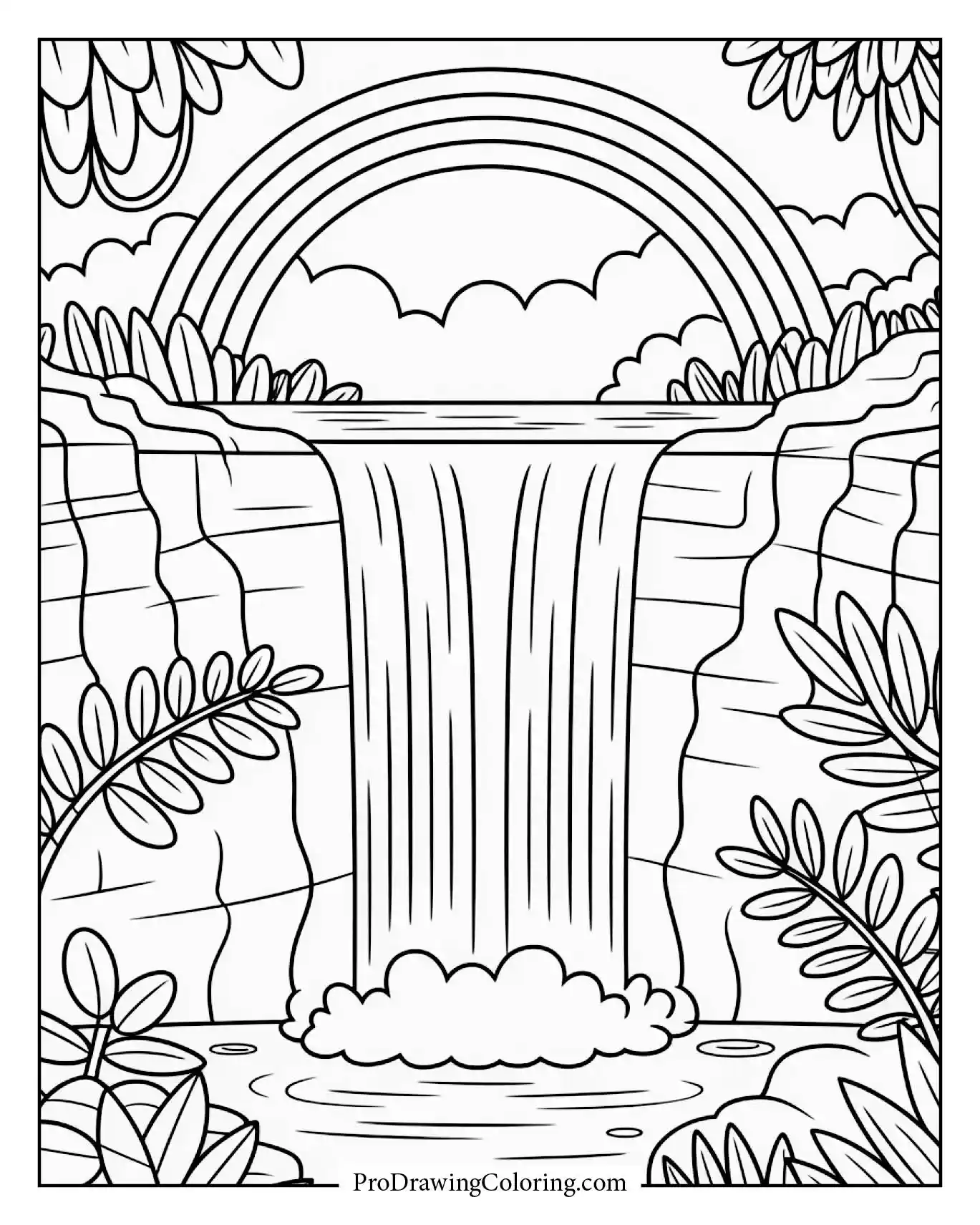 A rainbow arching over a jungle waterfall surrounded by tropical plants and mist