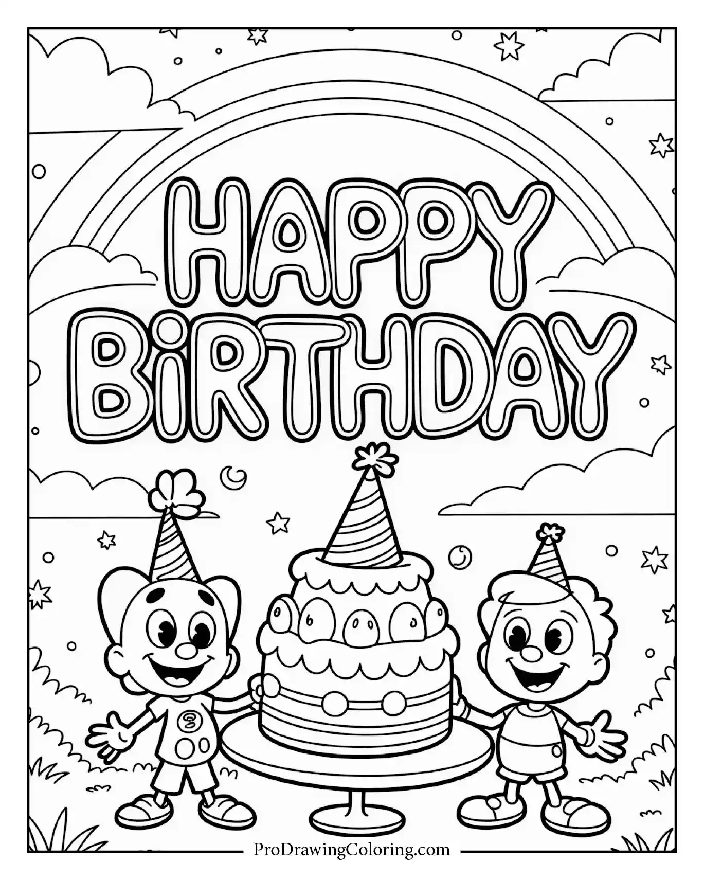 A joyful rainbow sky scene in Balloon Font, printable Happy Birthday Coloring Page for parties.