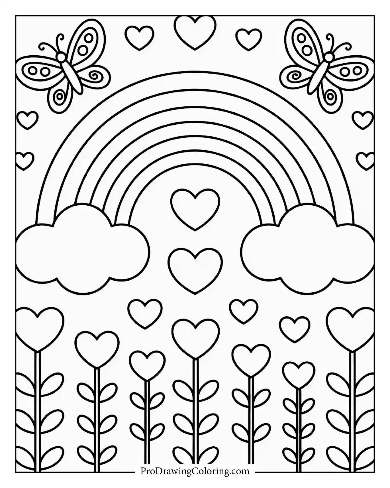 A rainbow decorated with hearts and butterflies, ideal for a family-friendly coloring sheet printable