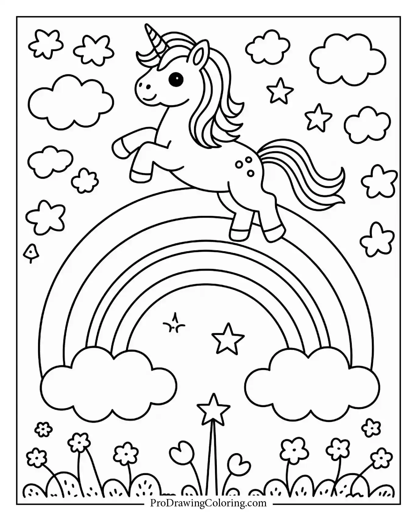 A playful unicorn flying over a rainbow surrounded by fluffy clouds, perfect as a printable for creative coloring