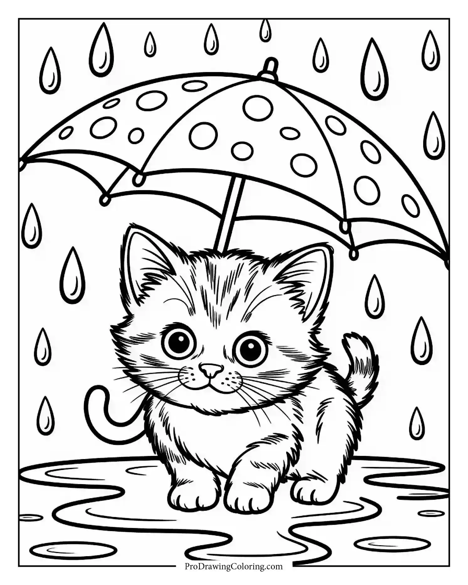 rainy day kitten Cozy kitten coloring page with umbrella in the rain