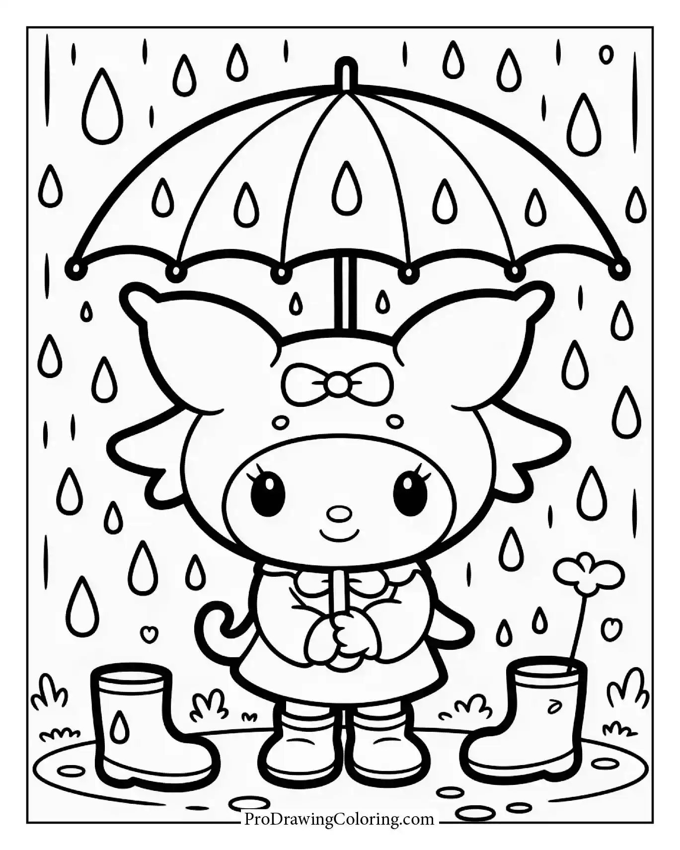 Rainy day Kuromi with umbrella and clouds, cozy feel, rainy weather.