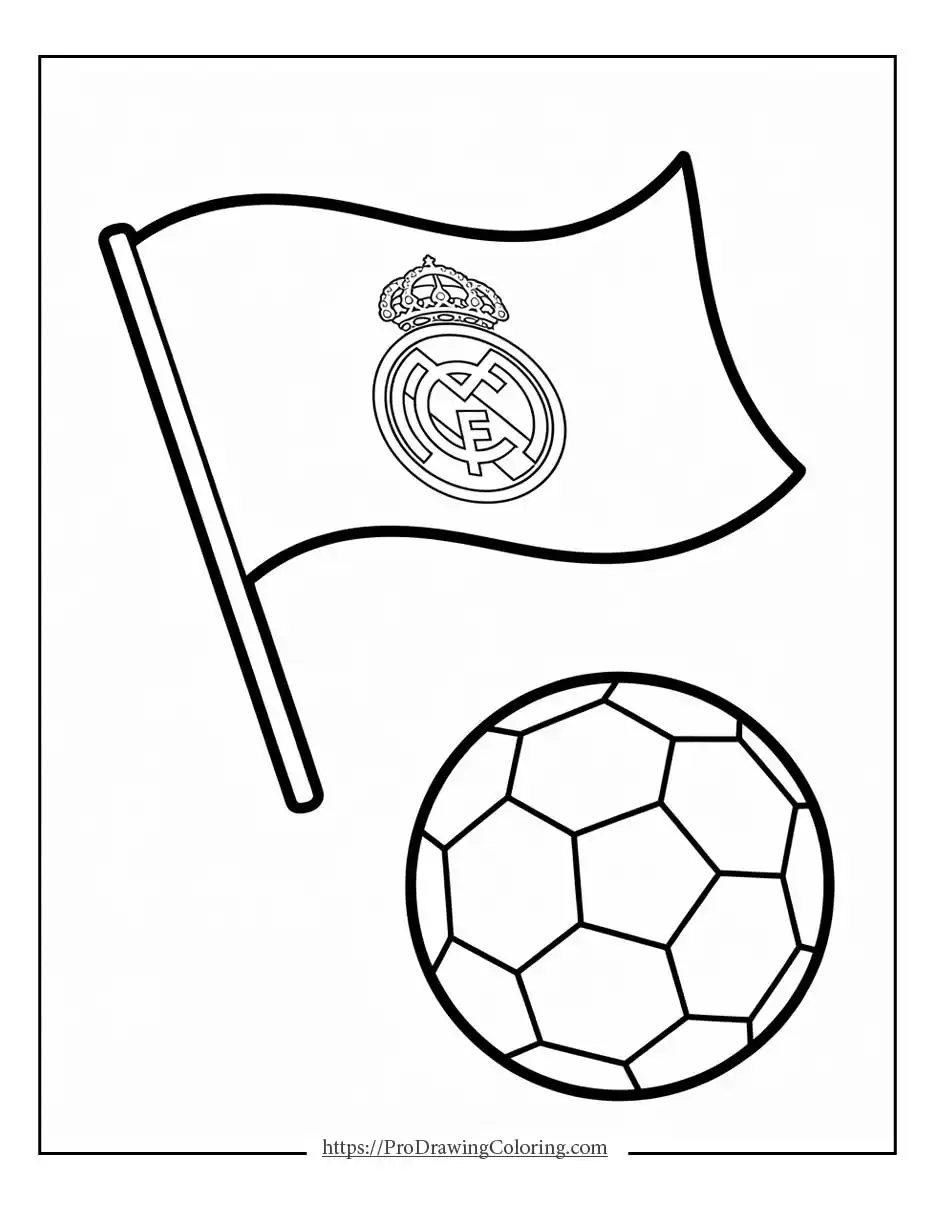 Real Madrid style flag flying above a classic soccer ball illustration