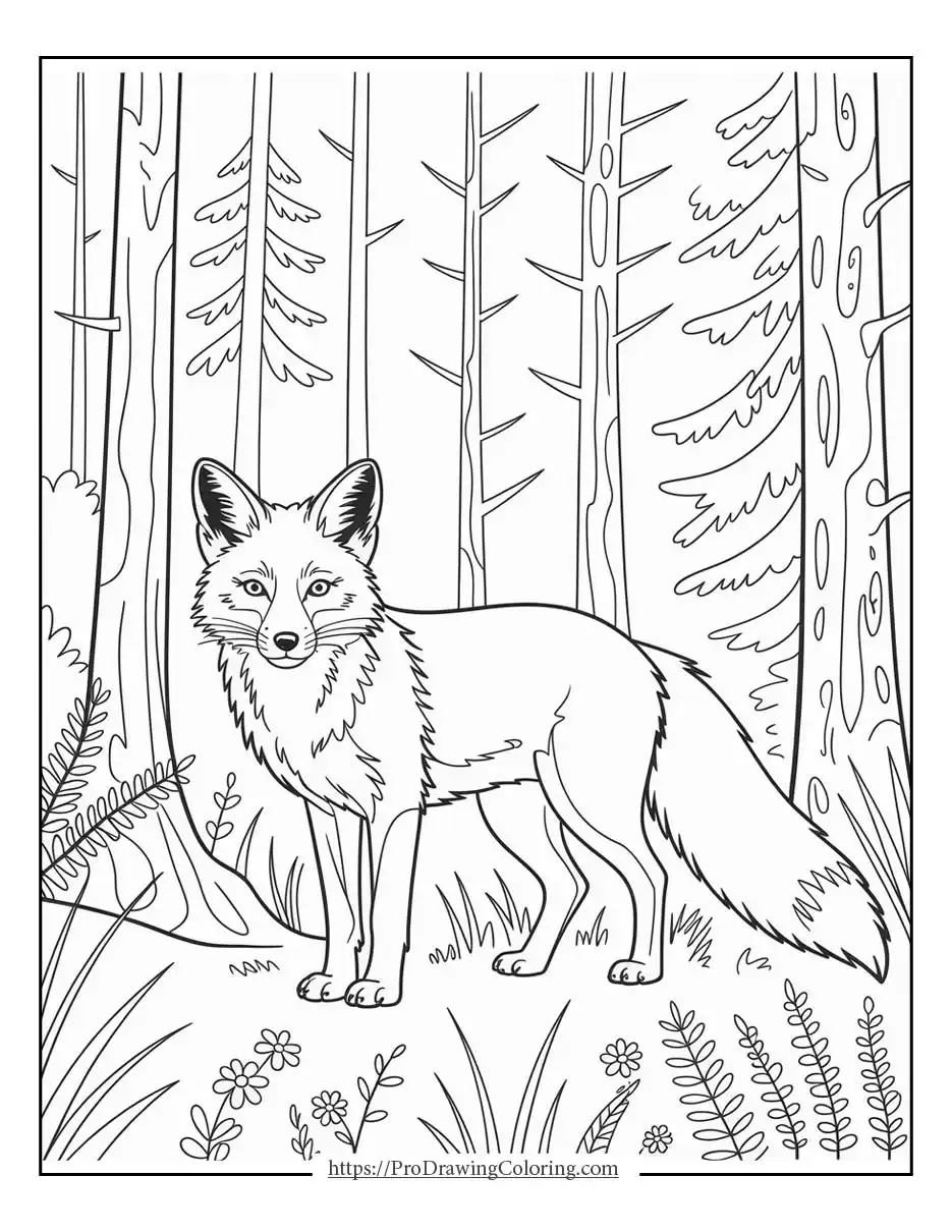 Realistic fox standing on forest ground with tall trees and natural plants around