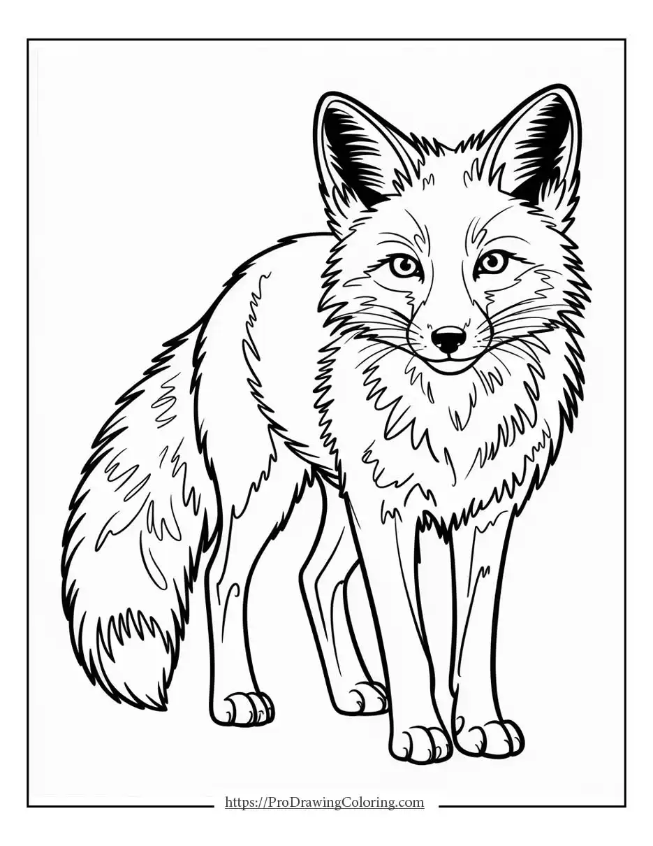 Highly detailed fox illustration standing quietly among trees and woodland plants